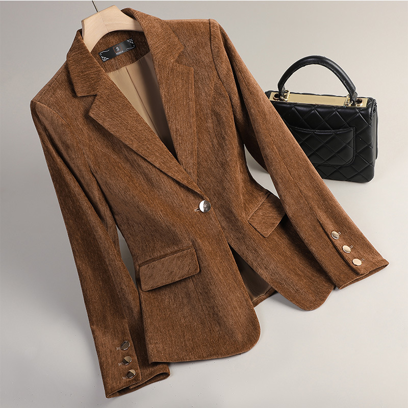 Winter Clothing Work - Sarı Altın Kadife Blazer Kadın Sonbahar